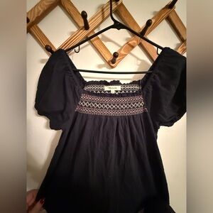 Madewell Black Blouse with Pink Embroidery